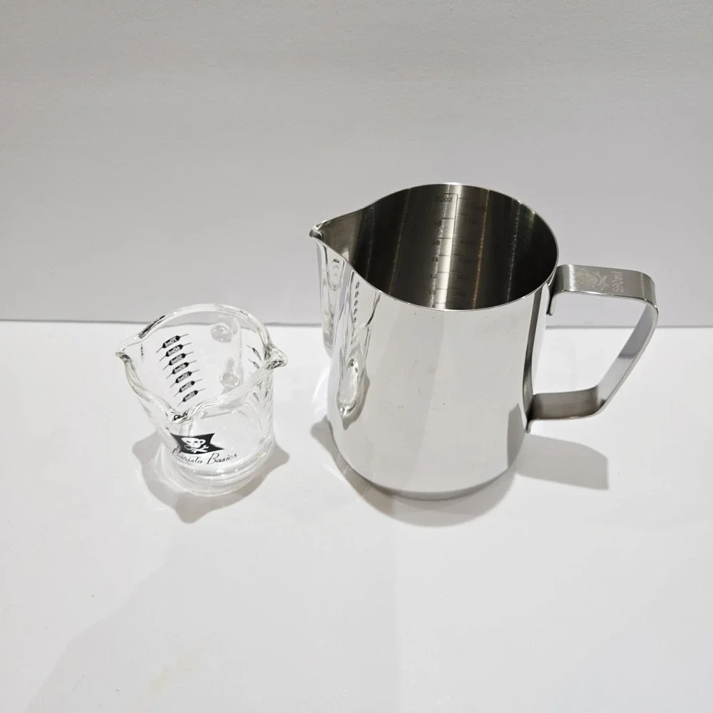 Barista Basics Espresso Triple Spout Shot Glass 2 Oz & Frothing Pitcher 20 Oz